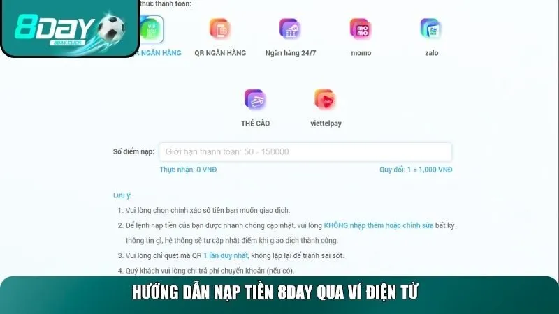 Nạp tiền 8day bằng ví đơn giản trong tích tắc